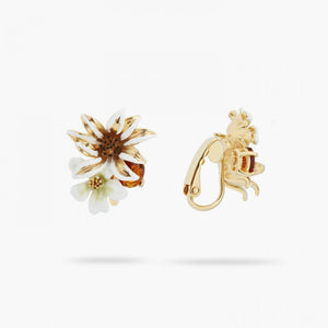 White and Gold Flowers Clip-On Earrings