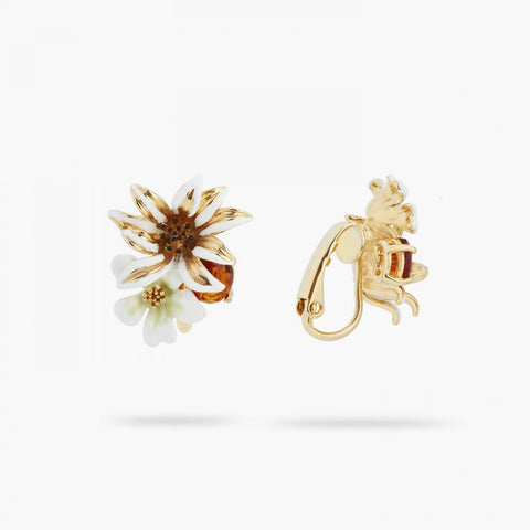 White and Gold Flowers Clip-On Earrings